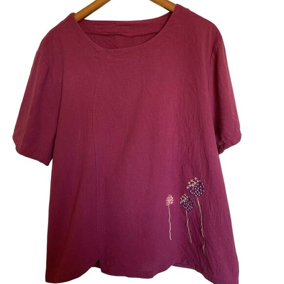 100% Cotton Plum/Purple Short Sleeve Floral Embroidered Blouse/ Tunic Size XL - Picture 1 of 8